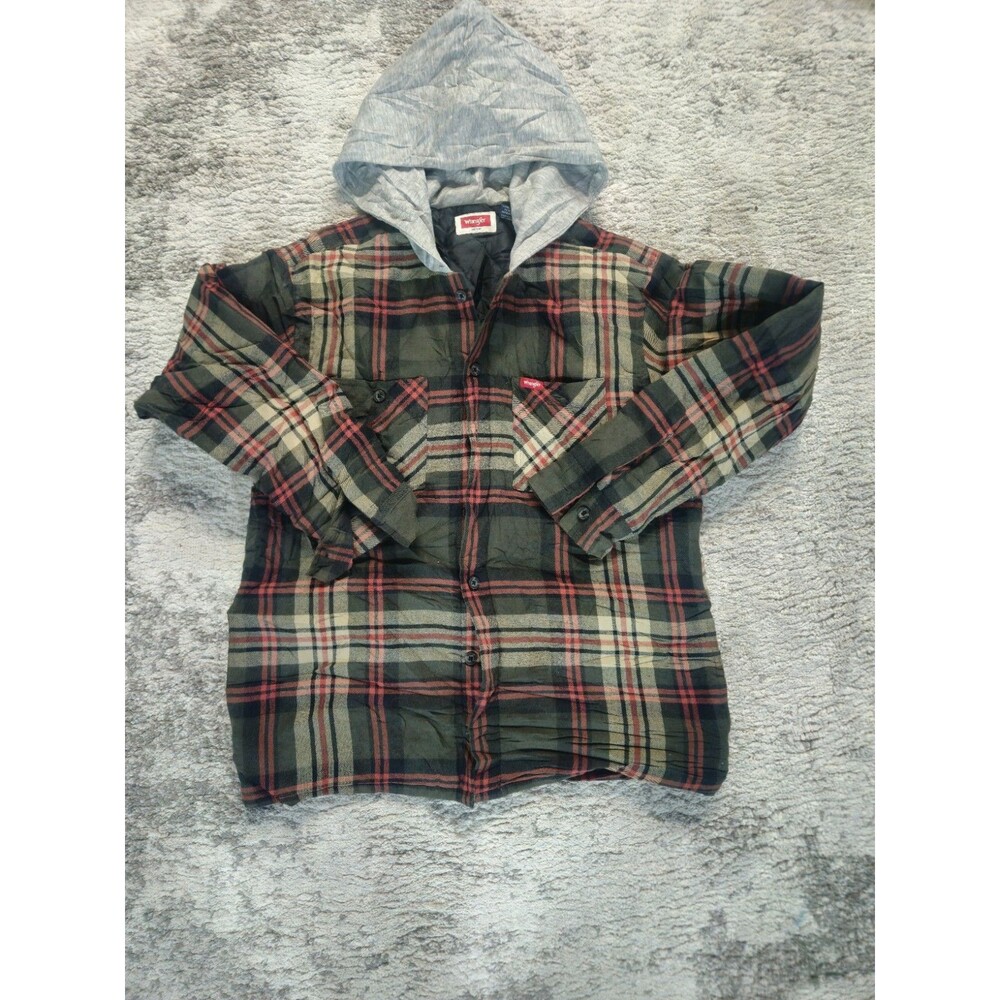 Wrangler Men's Hooded Quilted Lined Flannel Shirt Size M Green Plaid
